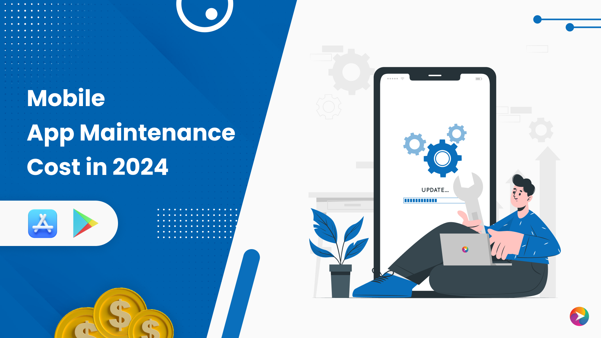 This image contains the heading "Mobile App Maintenance Cost in 2024" and a vector image of a mobile maintenance