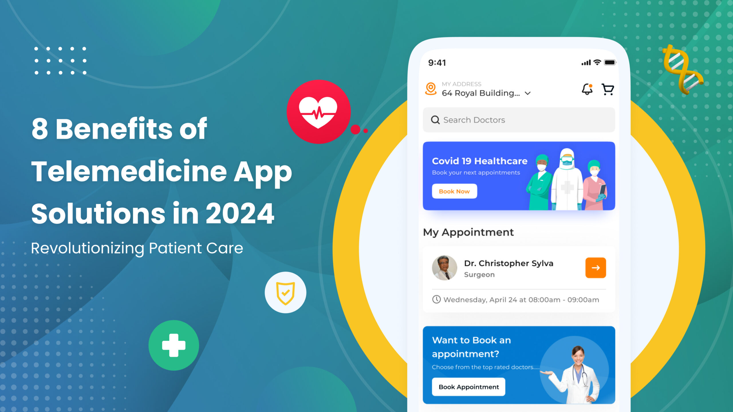 This Image contains the heading "8 Benefits of Telemedicine App Solutions in 2024: Revolutionizing Patient Care" and a mobile screen on the right side containing doctors and a booking module. The image is designed by Apponward Technologies.